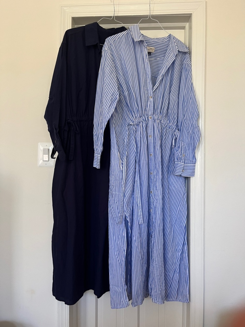 *2* Long Sleeve Cinch Waist Maxi Shirtdress - Blue Striped and Navy XXL